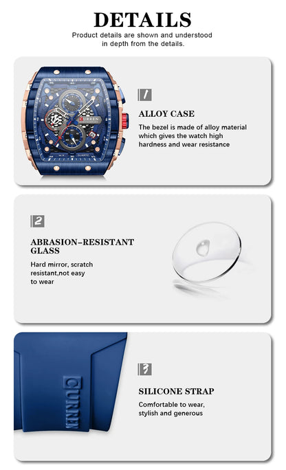 CURREN Tonneau Dial Sport Watch for Men Fashion Waterproof Quartz Wristwatch with Auto Date Yellow Silicone Strap Luminous