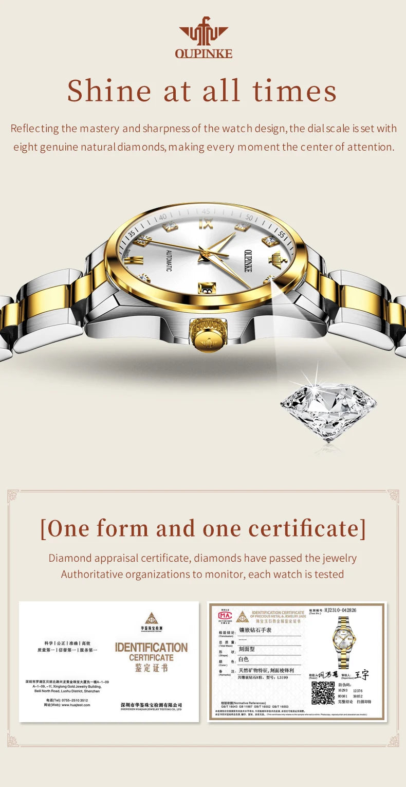 OUPINKE 3199 Real Diamond Automatic Watch for Women Sapphire Crystal Mirror 50M Waterproof Luxury Elegant Ladies Watch Set