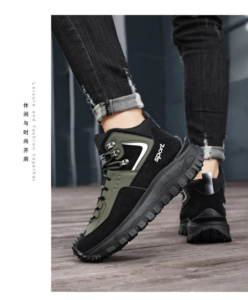 Black and Tan Mid-Top Hiking Boots Suede and Leather Platform Sneakers Non-Slip Outdoor Casual Shoes with Rugged Sole for All
