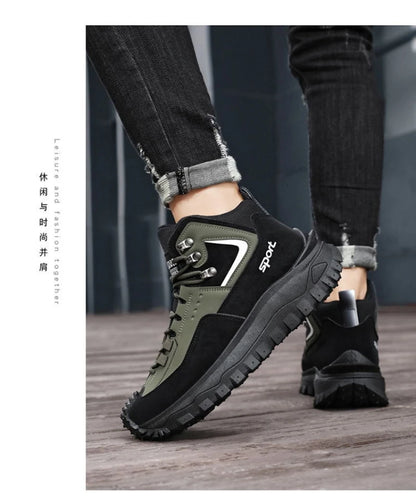 Black and Tan Mid-Top Hiking Boots Suede and Leather Platform Sneakers Non-Slip Outdoor Casual Shoes with Rugged Sole for All