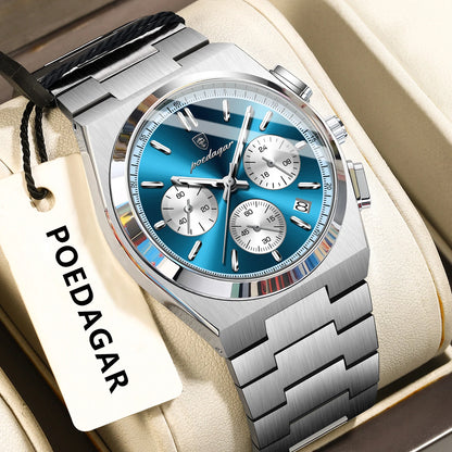 POEDAGAR Fashion Men's Wristwatch Chronograph Date Stainless Steel Quartz Man Clock Waterproof Luminous Business Watches For Men