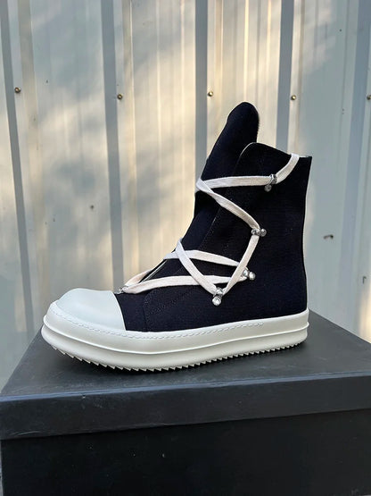 Casual High Top Quality Black Designer Men Leather Shoe Ro Pentagram Thick-sole Zip Flat Canvas Luxury Women Ankle boot Sneakers