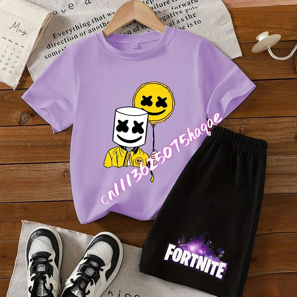 Summer Fortnite T-shirt Shorts for Boys and Girls Tee Pants Set 2pcs Children Clothing Tops T-shirts Fortress Night Print Tees Gift