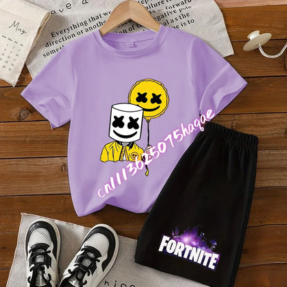 Summer Fortnite T-shirt Shorts for Boys and Girls Tee Pants Set 2pcs Children Clothing Tops T-shirts Fortress Night Print Tees Gift
