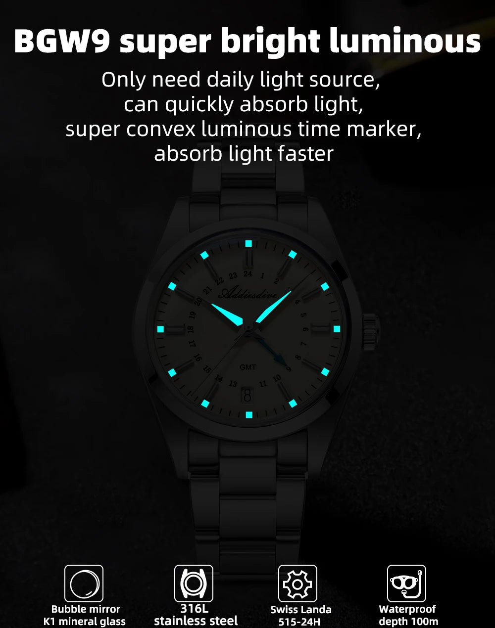 ADDIESDIVE Hot Brand 36mm Luxury GMT Watch Gift for Men 10Bar Waterproof BGW9 Super Luminous 316L Stainless Steel Quartz Watches
