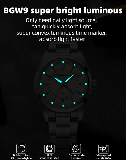ADDIESDIVE Hot Brand 36mm Luxury GMT Watch Gift for Men 10Bar Waterproof BGW9 Super Luminous 316L Stainless Steel Quartz Watches