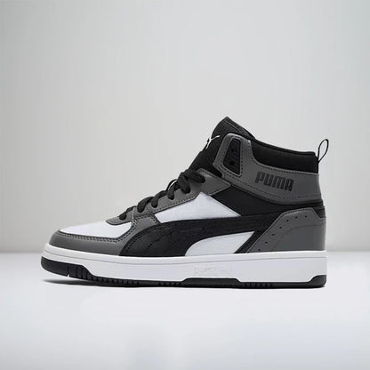 Baskets basses décontractées Puma Rebound Joy, offrant un maintien optimal, une coupe ajustée, une grande durabilité, un confort et un amorti (unisexe), en gris et noir, modèle 387875-01.