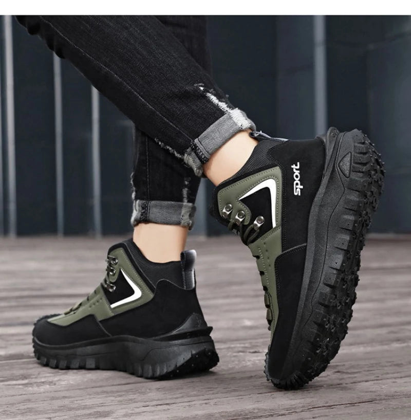 Black and Tan Mid-Top Hiking Boots Suede and Leather Platform Sneakers Non-Slip Outdoor Casual Shoes with Rugged Sole for All