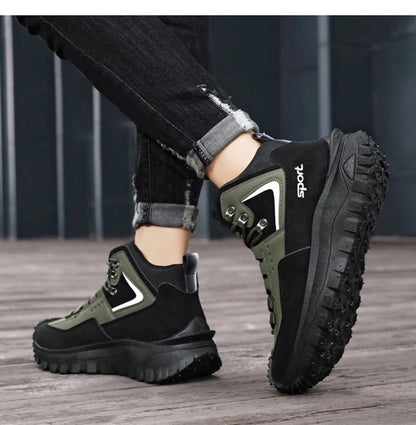 Black and Tan Mid-Top Hiking Boots Suede and Leather Platform Sneakers Non-Slip Outdoor Casual Shoes with Rugged Sole for All