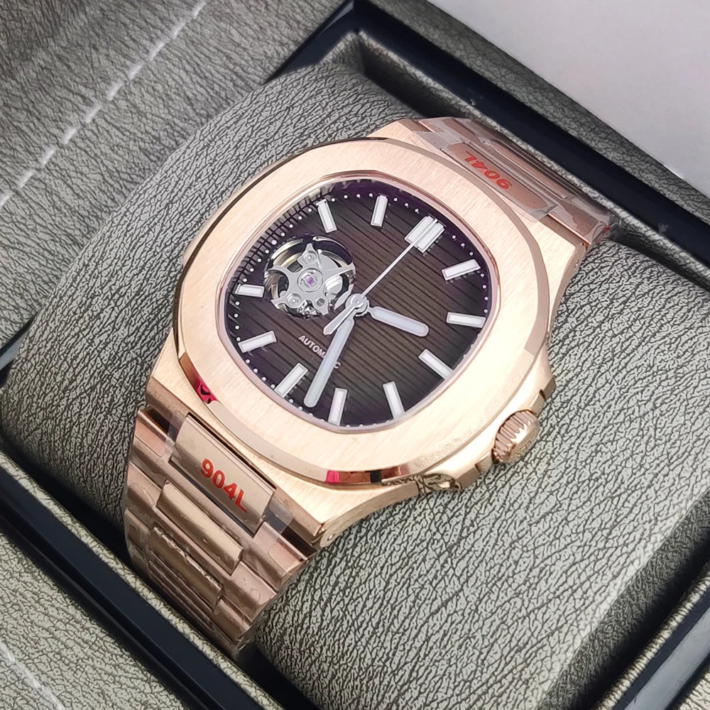 Luxury Rose Gold 40MM Square NH38 Movement Automatic Mechanical Men's Watch Sapphire Crystal Date Stainless Steel Strap