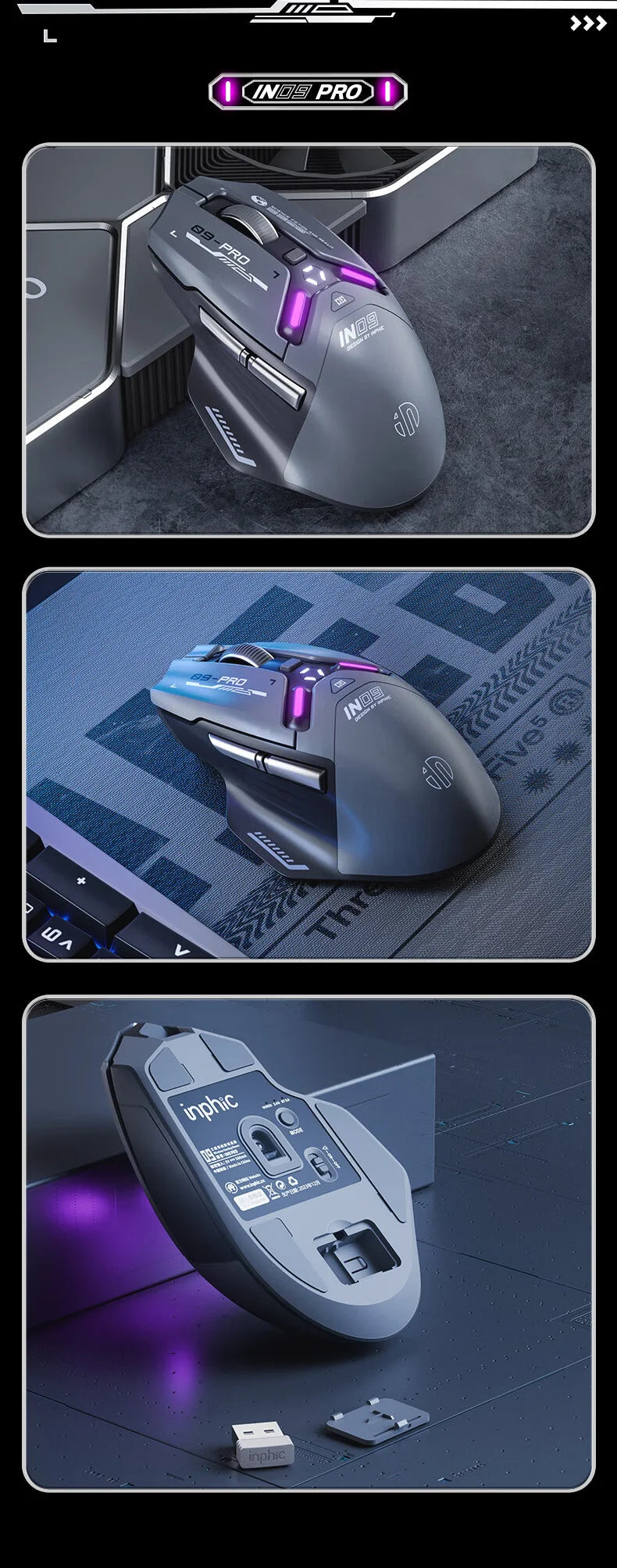 Inphic IN9PRO Wireless Gaming Mouse 26000DPI 8K Polling Rate Bluetooth 5.0 Wired 2.4G Tri-Mode RGB Ergonomic Gaming Mouse