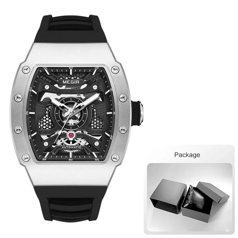 MEGIR Men's Automatic Mechanical Watch with Stainless Steel Case Silicone Strap Fashion Waterproof Luminous Wristwatch 8604