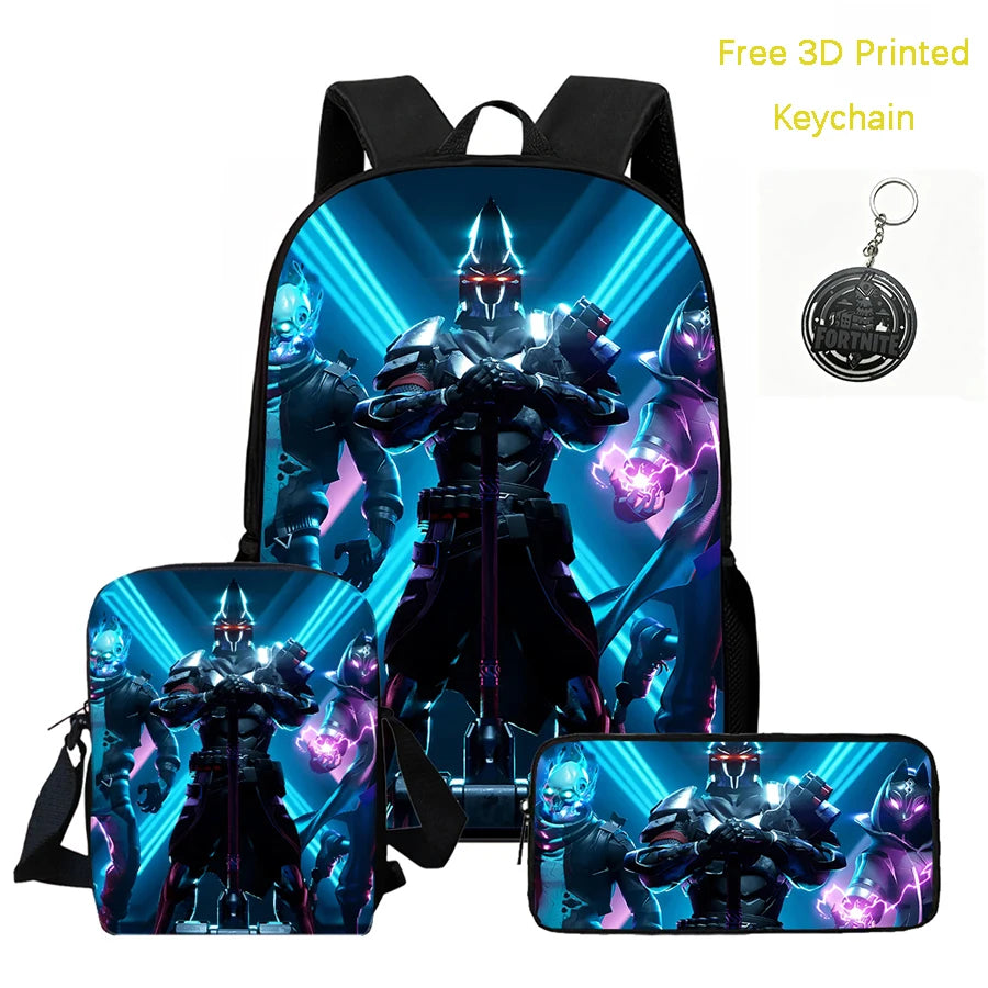 3Pcs Kids Backpack Set, Crossbody & Pencil Bag, FORTNITE Cartoon Bag, Lightweight for Boys and Girls Ages 5-10, Free 3D Printed Keychain