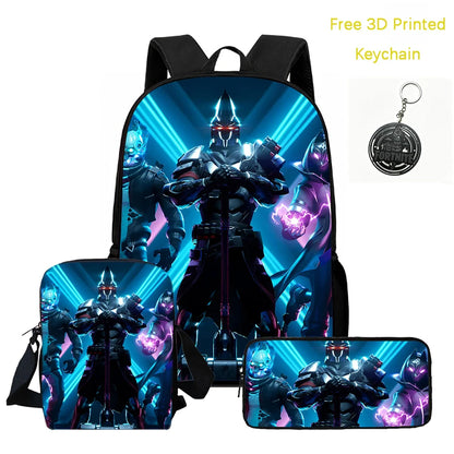 3Pcs Kids Backpack Set, Crossbody & Pencil Bag, FORTNITE Cartoon Bag, Lightweight for Boys and Girls Ages 5-10, Free 3D Printed Keychain