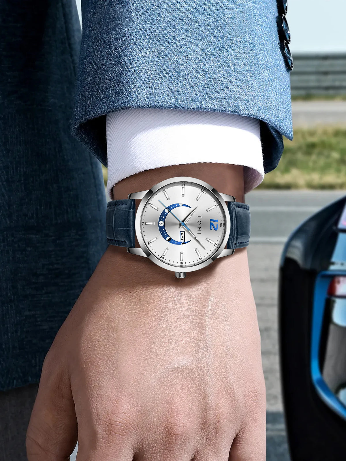 Reloj de cuarzo TOMI, de estilo elegante y profesional, con correa de piel, caja de aleación y esfera con agujas: diseño de alta gama, ideal como regalo para hombre.