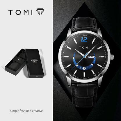 Reloj de cuarzo TOMI, de estilo elegante y profesional, con correa de piel, caja de aleación y esfera con agujas: diseño de alta gama, ideal como regalo para hombre.