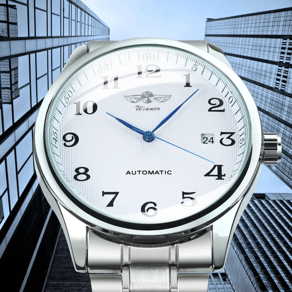 Reloj para hombre WINNER – Estilo clásico, retro y elegante – Reloj mecánico automático con calendario – Marca de lujo, caja de acero y correa de piel