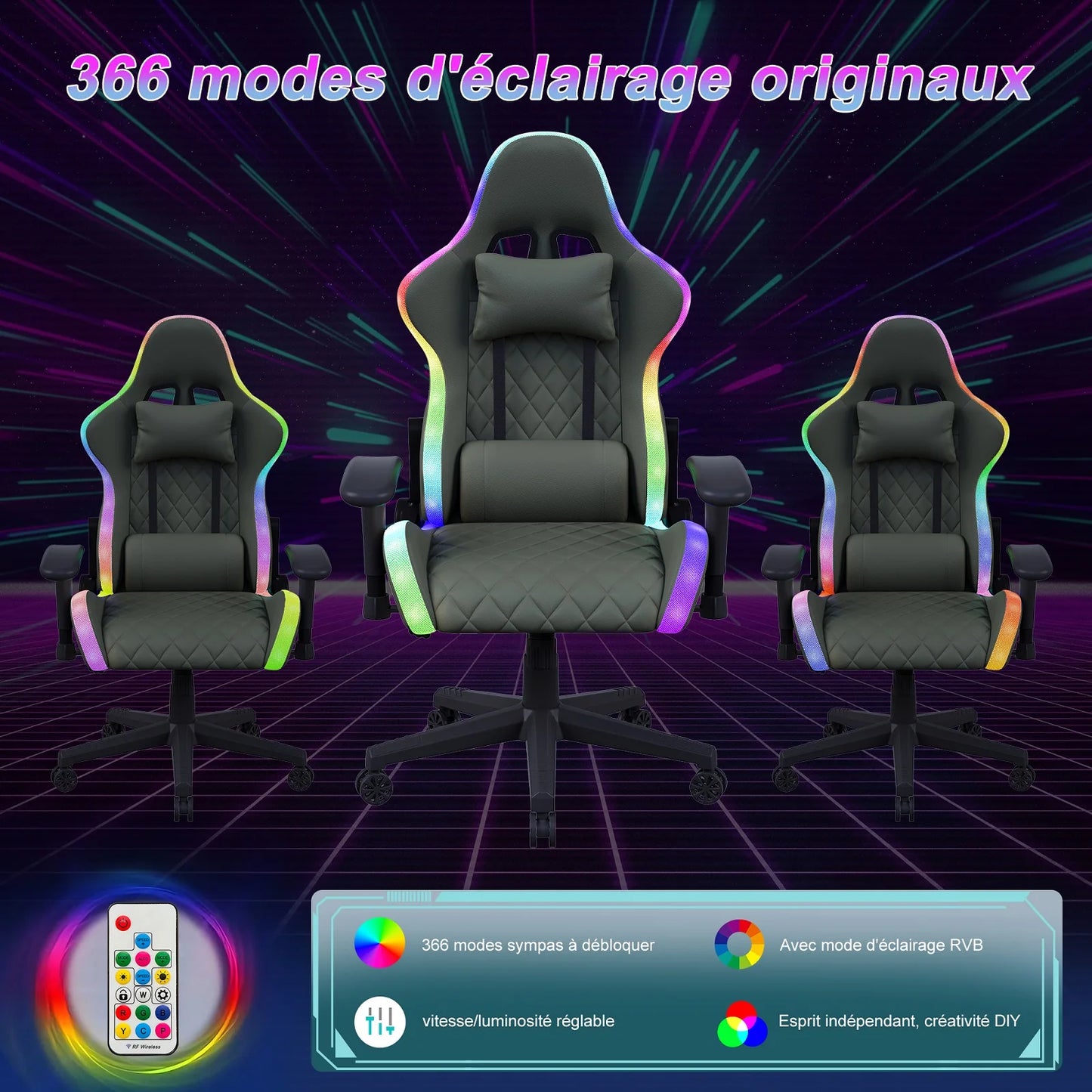 Ergonomic Gaming Chair with Massage Function, RGB LED Lights, Reclining Gaming Chair with Footrest, Adjustable Height PU Leather Office Gaming Chair