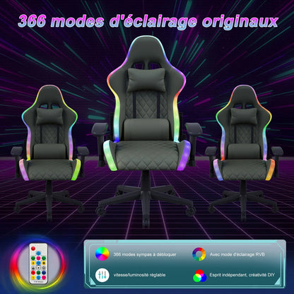 Ergonomic Gaming Chair with Massage Function, RGB LED Lights, Reclining Gaming Chair with Footrest, Adjustable Height PU Leather Office Gaming Chair