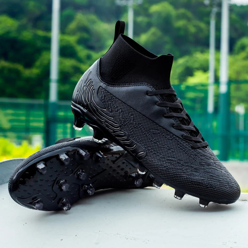 Chaussures de Football noires pour hommes, crampons AG/FG, bottes d'entraînement pour hommes, chaussures de Sport à cheville haute, baskets pour enfants et adultes 35-45