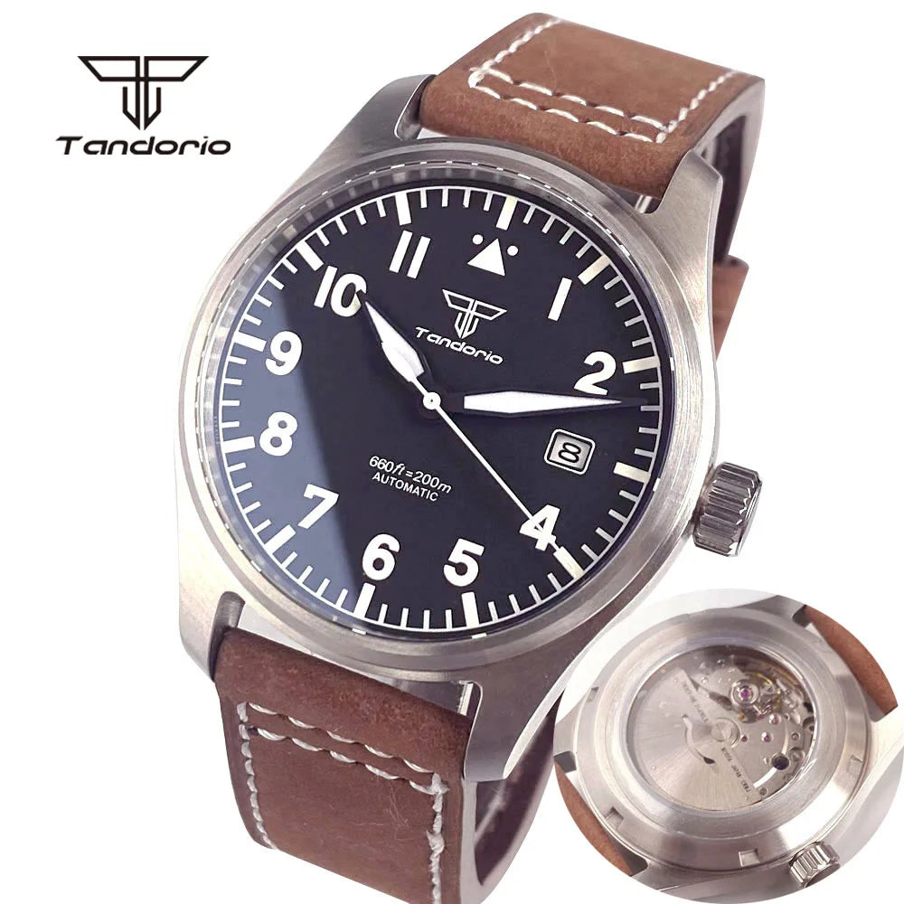 Tandorio 39mm Pilot Men's Diving Automatic Watch AR Sapphire Miyota8215/PT5000 Movt Mechanical Steel Wristwatch 20BAR Green Lume