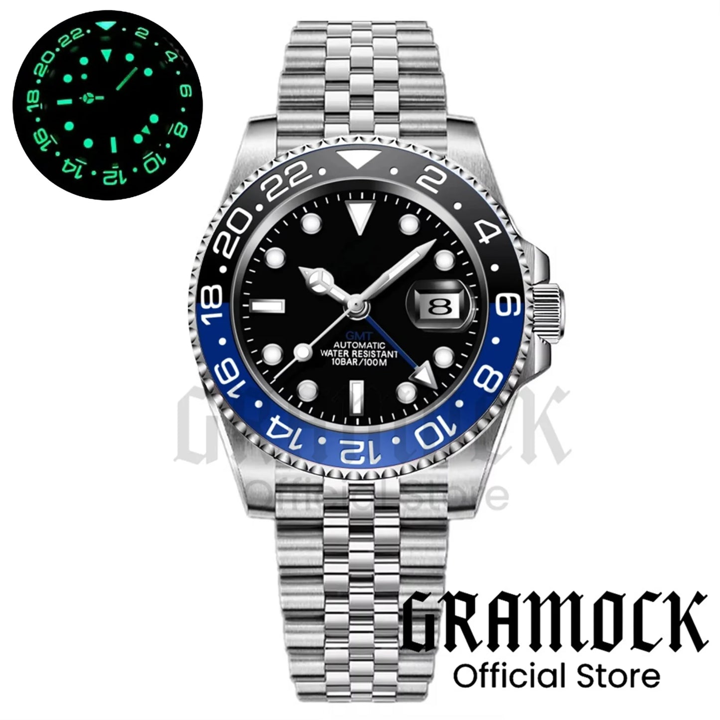 Gramock White Dial Blue GMT 40MM Watch For Men Roating Bezel Sapphire Glass Waterproof Reloj Hombre NH34A Mechanical Wristwatch