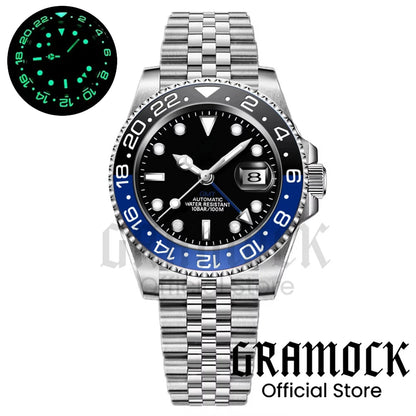 Gramock White Dial Blue GMT 40MM Watch For Men Roating Bezel Sapphire Glass Waterproof Reloj Hombre NH34A Mechanical Wristwatch