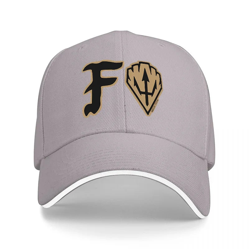 FORTNITE BASEBALL CAP WITH GOLD LOGO DESIGN BLACK AND WHITE TRIM ADJUSTABLE FIT FOR GAMING FANS AND STYLE ENTHUSIASTS