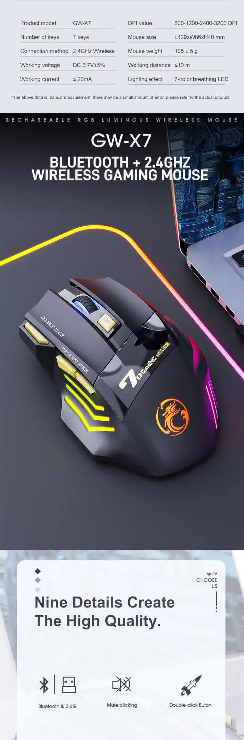 Langaton Bluetooth-hiiri, ladattava tietokonehiiri, ergonominen pelihiiri pelaajille, RGB-taustavalaistu hiljainen hiiri PC:lle