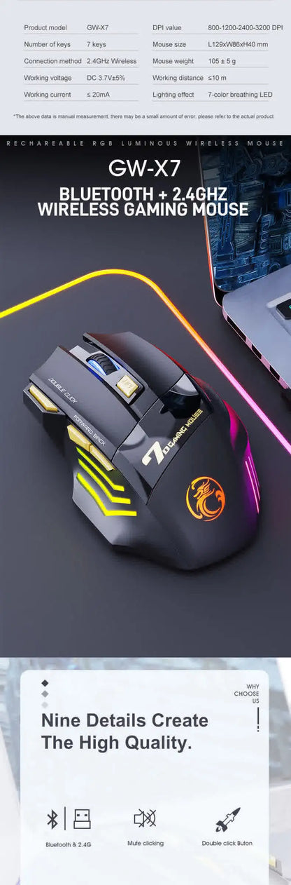 Langaton Bluetooth-hiiri, ladattava tietokonehiiri, ergonominen pelihiiri pelaajille, RGB-taustavalaistu hiljainen hiiri PC:lle