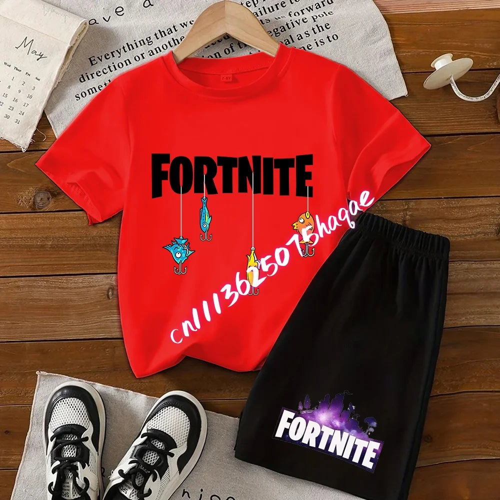 Summer Fortnite T-shirt Shorts for Boys and Girls Tee Pants Set 2pcs Children Clothing Tops T-shirts Fortress Night Print Tees Gift