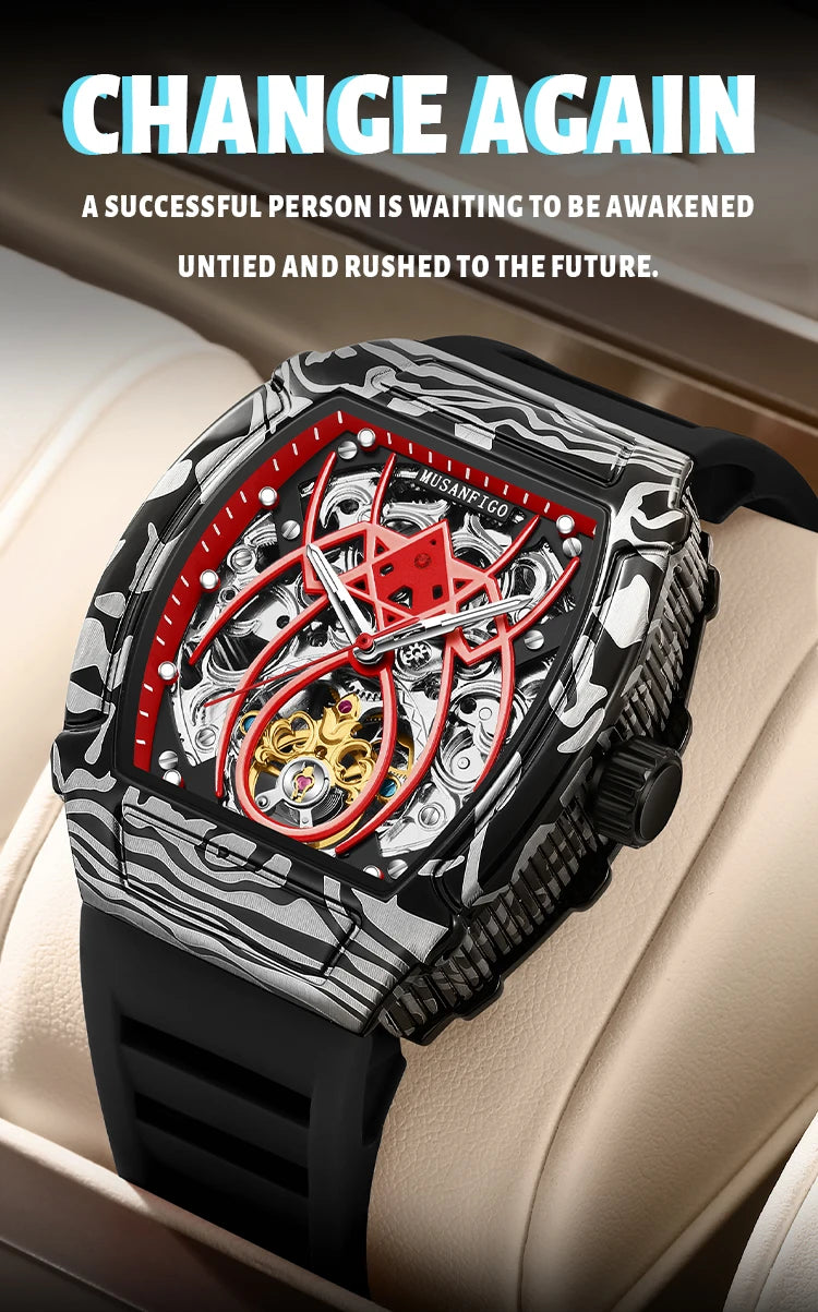 MUSANFIGO automatic hollow mechanical watch, barrel shaped fashionable men's trendy watch, luminous waterproof watch