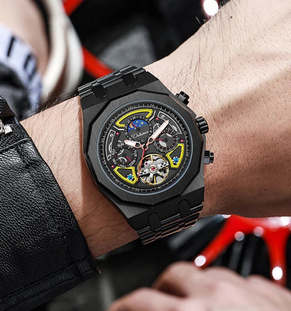 Top Brand Sport Watches with Tourbillon Stainless Steel Rubber Strap Multifunction Dial Automatic Watches Reloj Hombre New