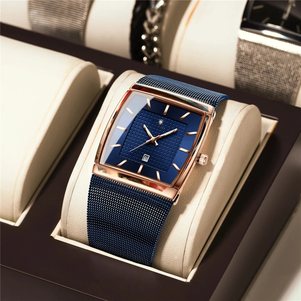 Quartz wristwatches, new square-shaped men’s watches, rose gold colour, high quality; luxury brand watch, men’s model, blue dial.