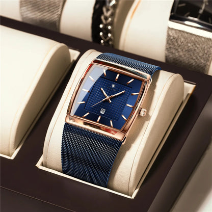 Quartz wristwatches, new square-shaped men’s watches, rose gold colour, high quality; luxury brand watch, men’s model, blue dial.