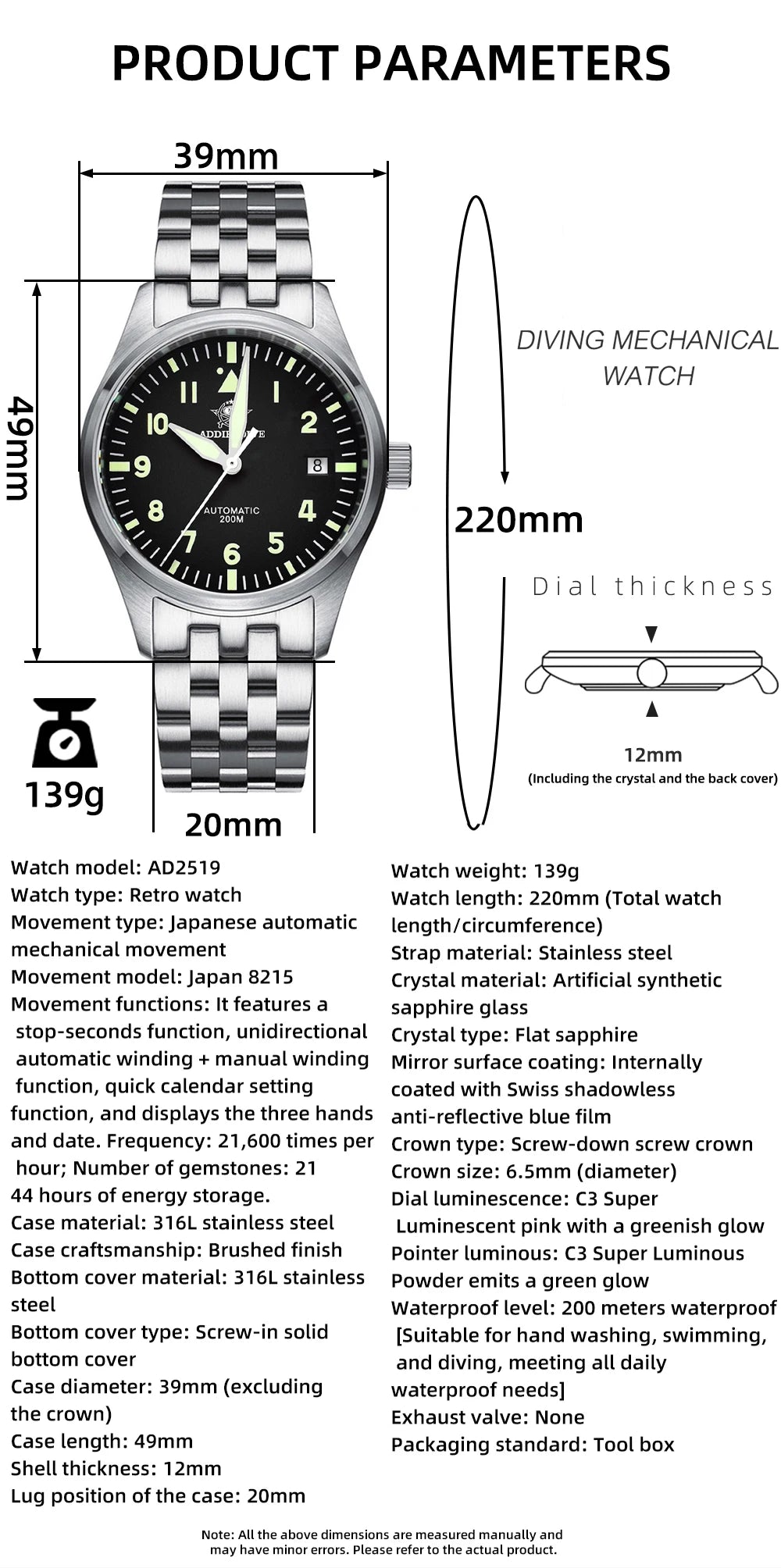 ADDIESDIVE Classic Men's Automatic Mechanical Watch 200m Water Resistant C3 Luminous 316L Stainless Steel Vintage Watch AD2519