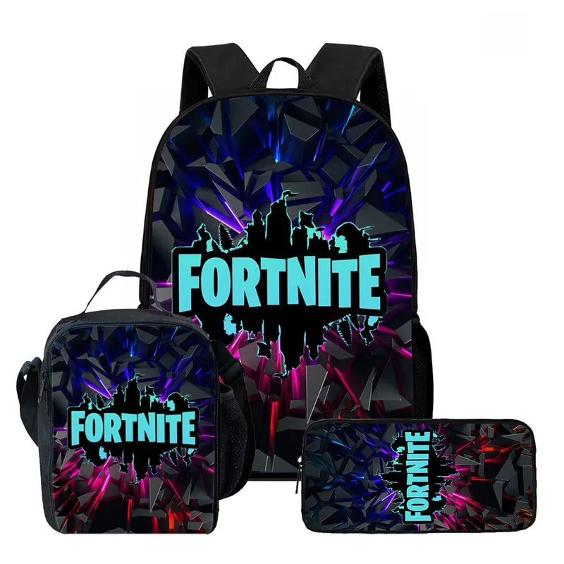 Fortnite Cartoon 3-teiliges Rucksack-Set für Jungen und Mädchen, unisex, mit Schulranzen, Lunch Bag und Federmäppchen, geeignet für Kinder von 5-8 Jahren