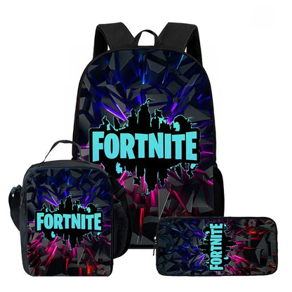 Fortnite Cartoon 3-teiliges Rucksack-Set für Jungen und Mädchen, unisex, mit Schulranzen, Lunch Bag und Federmäppchen, geeignet für Kinder von 5-8 Jahren