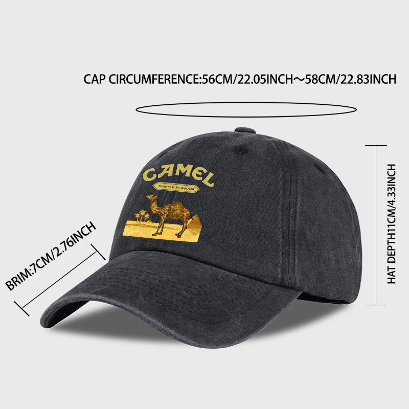 Vintage “Camel” Desert Scene Print Washed Baseball Cap - Adjustable Unisex Vintage Cap for Outdoor Hiking and Mountaineering