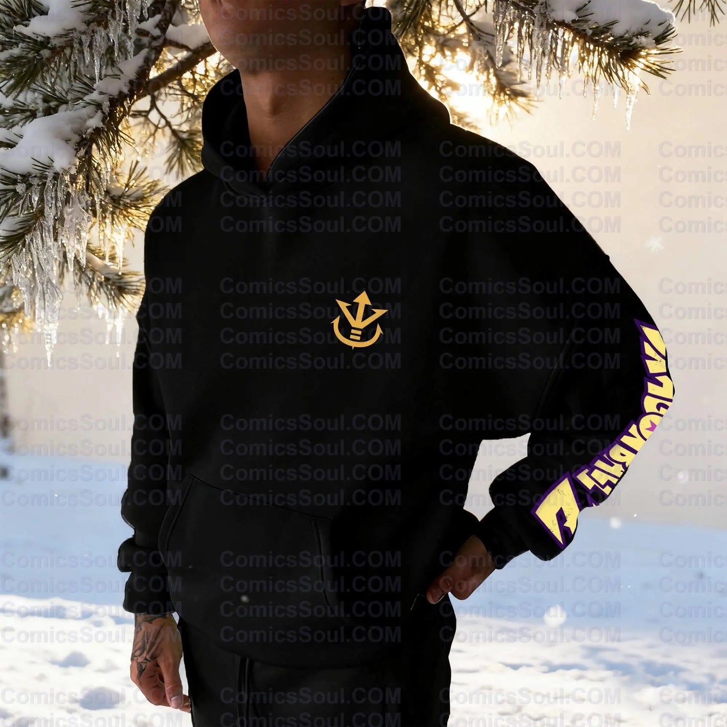 Dragon Ball Z Frieza Black Hoodie Set Golden Form Back Print Purple Energy Effect Cotton Sweatshirt with M Logo Design
