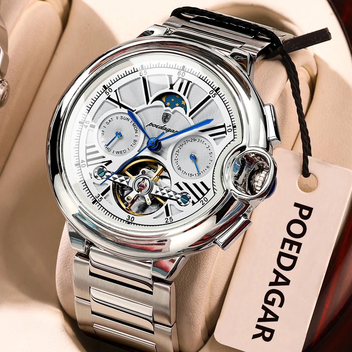 „POEDAGAR“ vyriškas laikrodis, prabangaus ir profesionalaus stiliaus, su datos ir dienos rodymu, turbiljonu, nerūdijančio plieno korpusu, automatiniu mechaniniu mechanizmu ir atsparumu vandeniui.