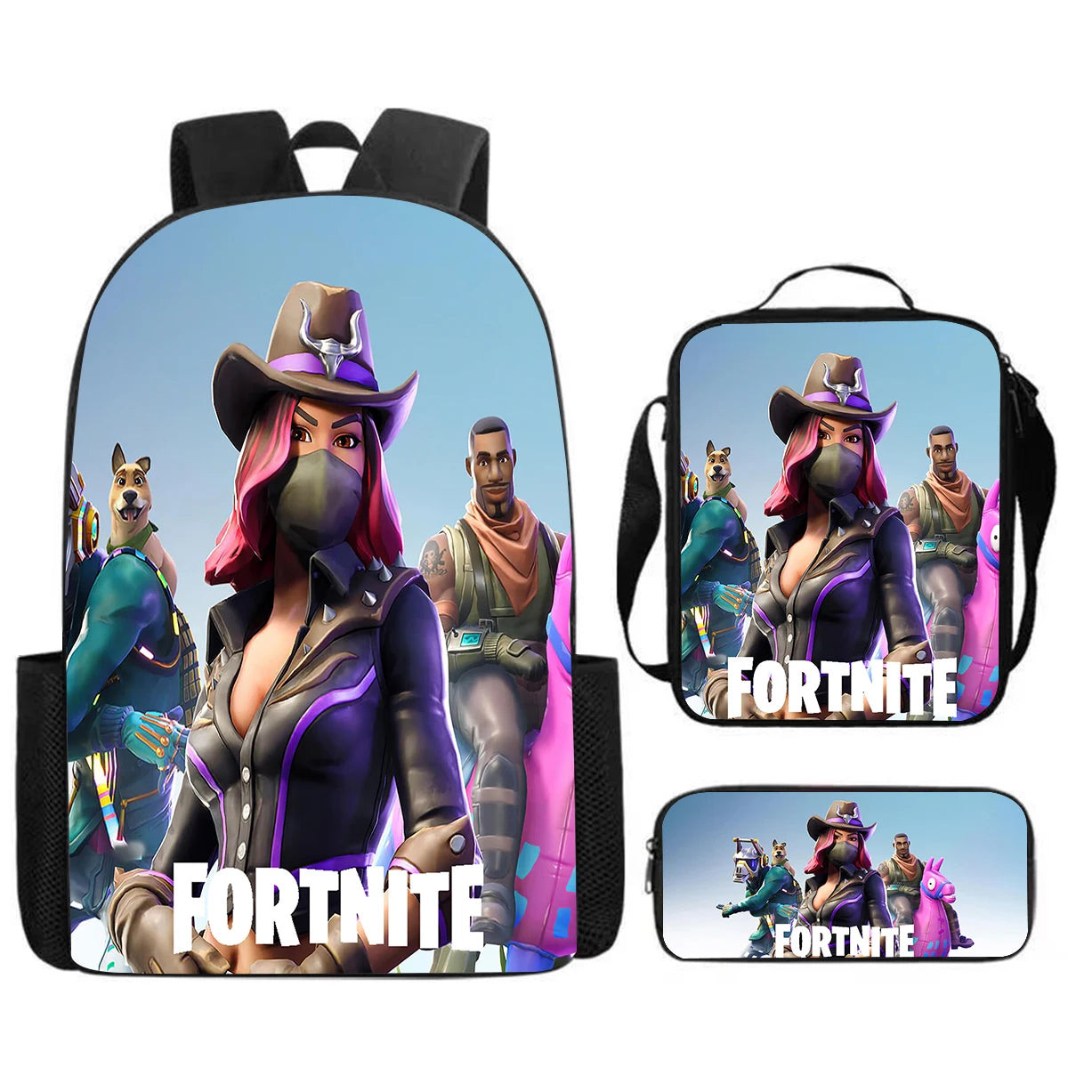 Fortnite Cartoon 3pcs Set, Large Capacity Suitable for Boys and Girls Aged 5-8, Includes Backpack, Dinner Bag, and Pencil Case