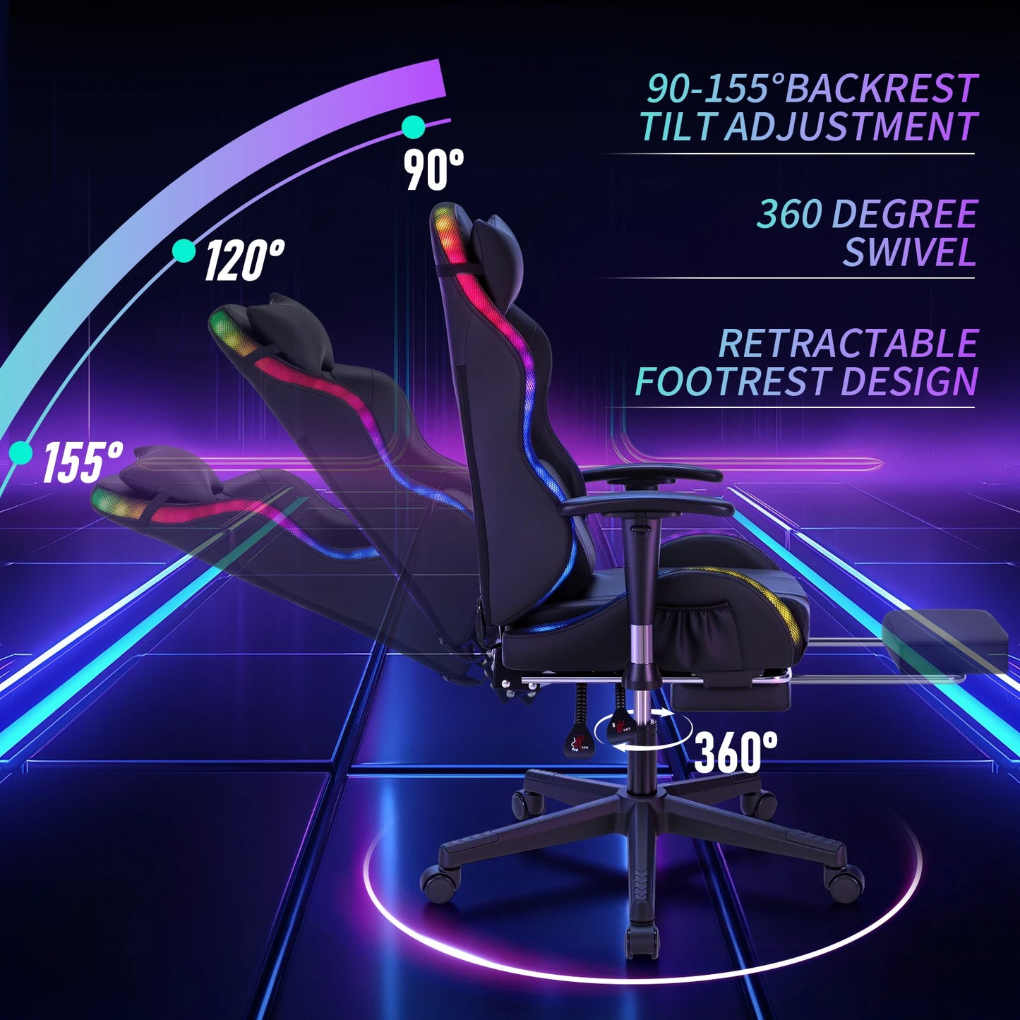 250Lbs LED Gaming Chair for Kids 8-15 Years, Adjustable Ergonomic Gamer Chair with RGB Lighting, Footrest & Lumbar Support