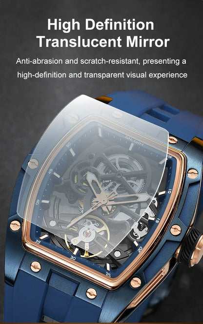 MEGIR Fashion Leisure Alloy Case Men Mechanical Watch Silicone Band Barrel Shaped Dial Luminous Pointer Design Man Wristwatch