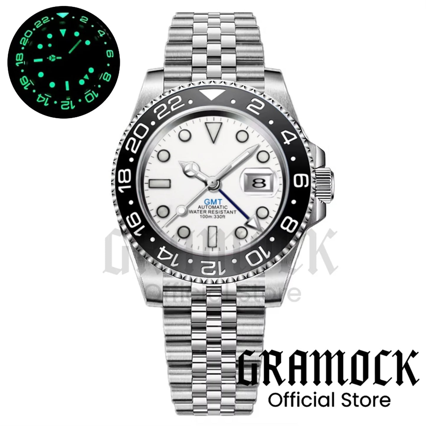 Gramock White Dial Blue GMT 40MM Watch For Men Roating Bezel Sapphire Glass Waterproof Reloj Hombre NH34A Mechanical Wristwatch