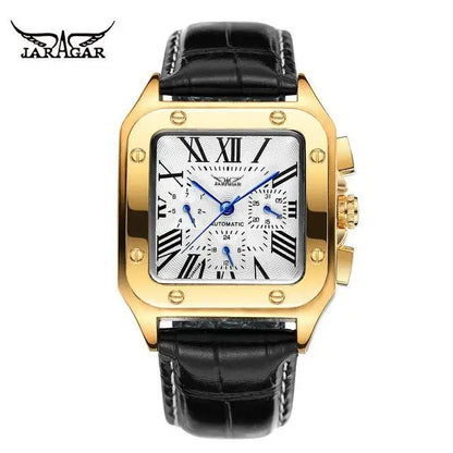 Fashion Jaragar Top Brand Men's Stylish Casual Skeleton Automatic Watch Multifunction Genuine Leather Strap Square Dial Business