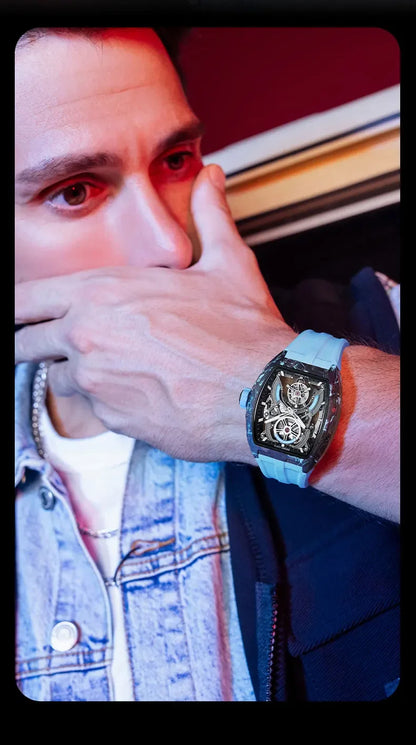 BONEST GATTI Men Automatic Mechanical Watch Skeleton Dial Sapphire Crystal Fluororubber Strap Waterproof Luminous Business watch