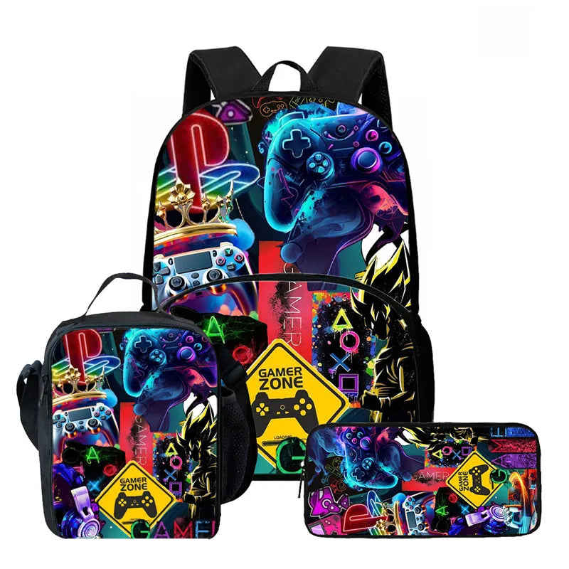 Fortnite Cartoon 3Pcs School Bag Set Unisex for Boys Girls, Backpack with Front Pocket, Lunch Bag and Pencil Case Best Gift