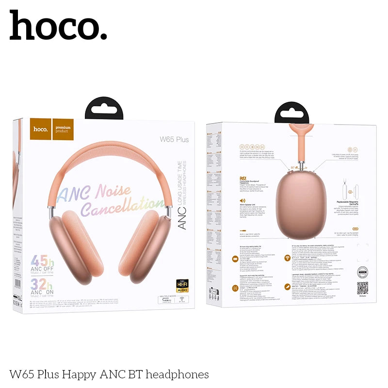 Casque Bluetooth HOCO W65 Plus ANC à réduction de bruit, circum-auriculaire, sans fil, grand écouteur, son Hi-Fi, casque sport avec bouton