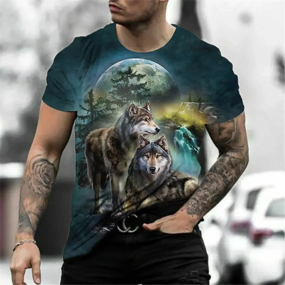 New Fashion Men's Wolf Roar Graphic T Shirt Summer Casual Round Neck T-shirt Trend Street Man Clothes Daily Loose Tops
